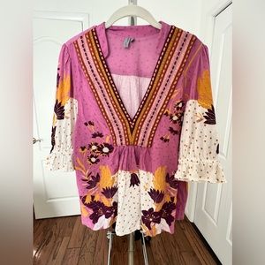 Blank London Purple Floral Embroidered Trim V-neck Blouse Size S Boho